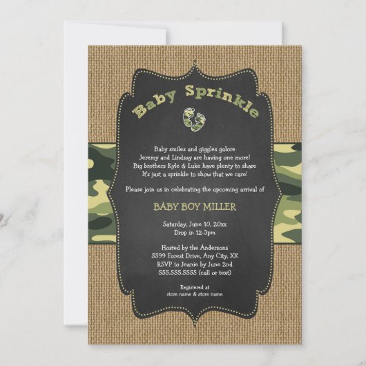 Grüne Camouflage Baby Sprinkle Einladung, Tarnung Einladung (Vorderseite)