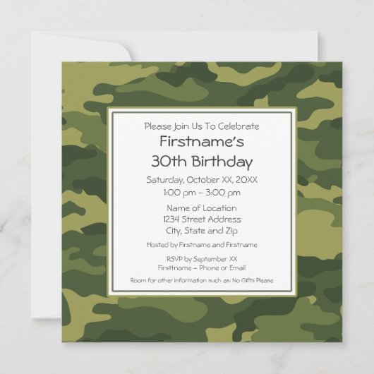 Grüne Camouflage Geburtstagspartei Einladung (Vorderseite)