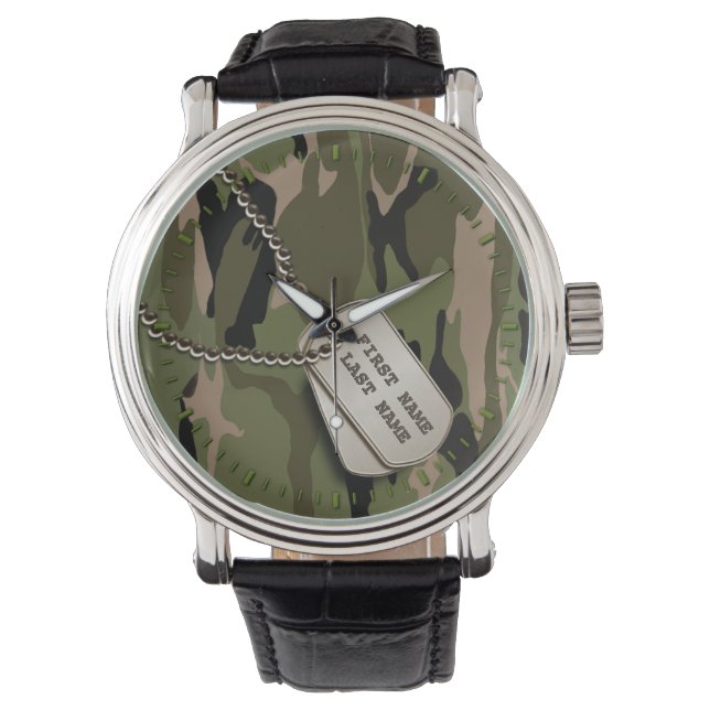 Grüne Camouflage mit Hundetags Armbanduhr (Vorderseite)