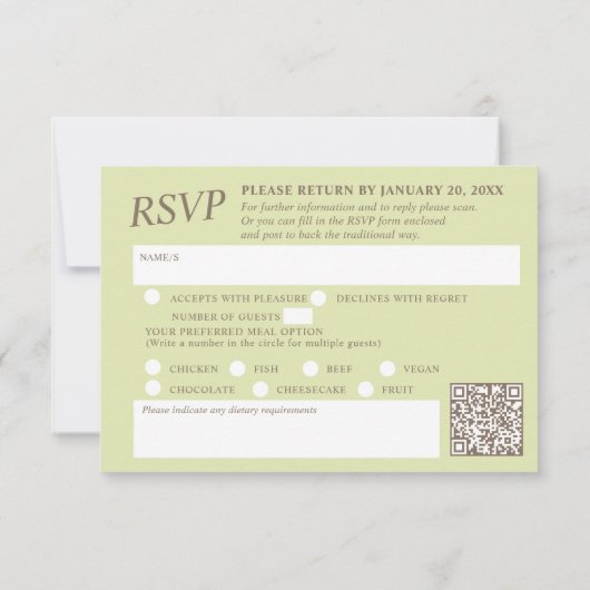 Grüne Catkins Aquarell Hochzeit QR-Code RSVP Karte (Rückseite)