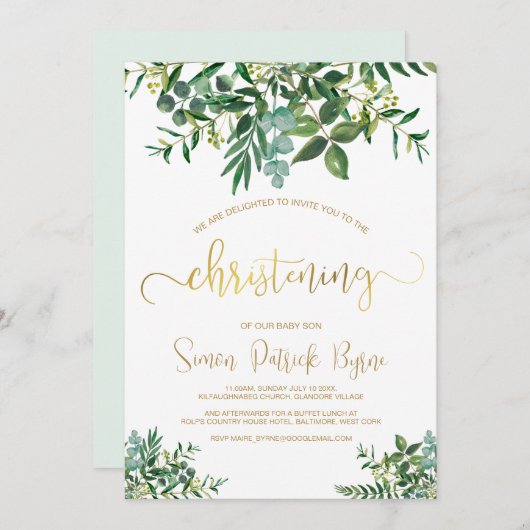 Grüne Christening Ankündigung Gold Script (Vorne/Hinten)