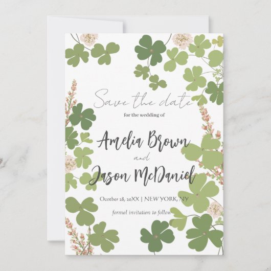 Grüne Clover Spring Wildblumen Hochzeit Rettete di Save The Date (Vorderseite)