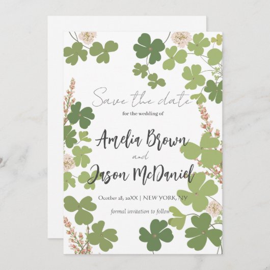 Grüne Clover Spring Wildblumen Hochzeit Rettete di Save The Date (Vorne/Hinten)