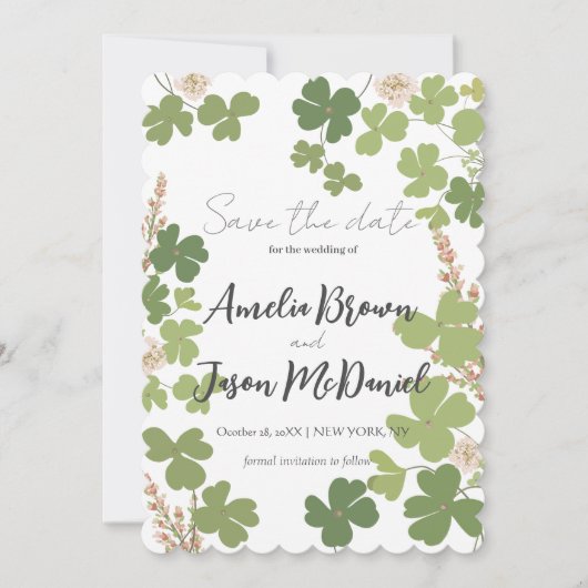 Grüne Clover Spring Wildblumen Hochzeit Rettete di Save The Date (Vorderseite)