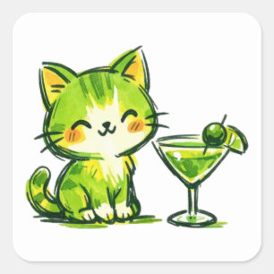 Grüne Cocktails und Katzen Quadratischer Aufkleber
