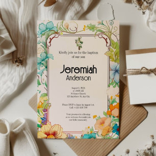 Grüne Creme Einfach Elegant floralkatholische Tauf Einladung