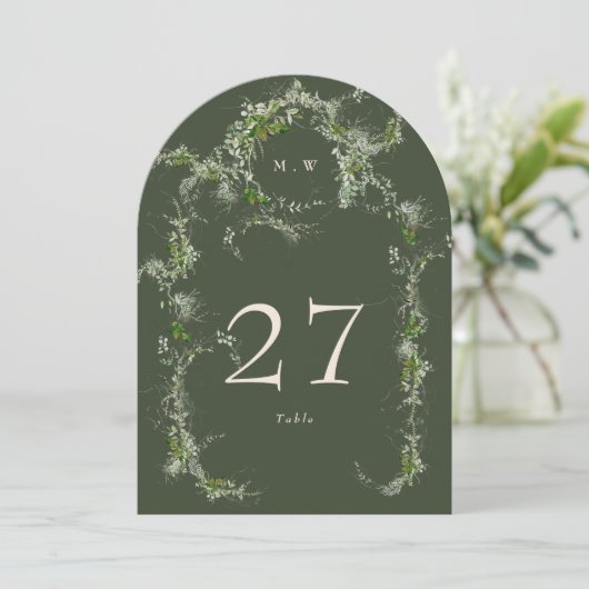 Grüne Creme Eukalyptus Wreath Arch Tischnummer (Stehend Vorderseite)