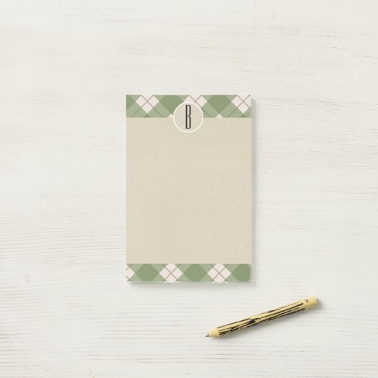 Grüne Creme Kariert Kraft Rustic Monogram Initial Post-it Klebezettel (Auf Schreibtisch)