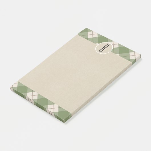 Grüne Creme Kariert Kraft Rustic Monogram Initial Post-it Klebezettel (angewinkelt)