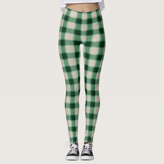 Grüne Creme Kariert Leggings (Vorderseite)