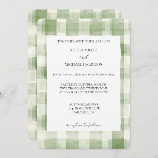 Grüne Creme Karierte Streifen Country Wedding Einladung (Vorne/Hinten)
