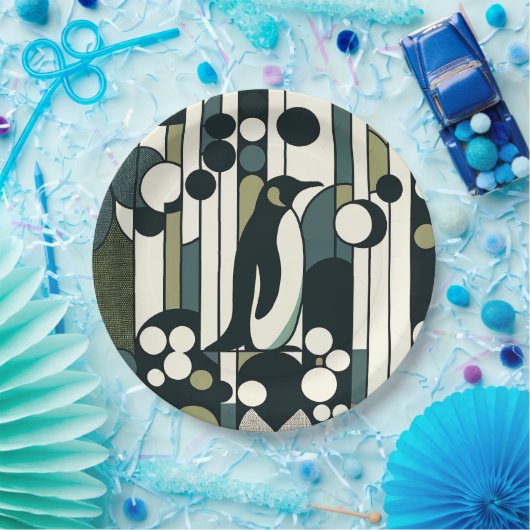 Grüne Creme Pinguin in der Geometrie verloren Pappteller (Party)