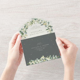Grüne/Creme Schneebeere + Eukalyptus Hochzeit All In One Einladung