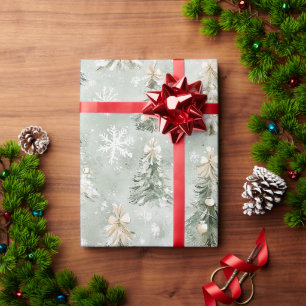 Grüne Creme Weihnachtsbäume Schneeflocken Geschenkpapier