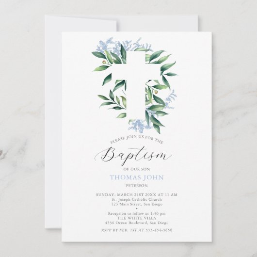 Grüne Cross Blue Botanical Baby Boy Taufe Einladung (Vorderseite)
