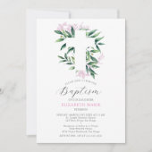 Grüne Cross Pink Botanical Baby Girl Taufe Einladung (Vorderseite)