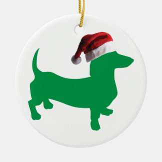 Grüne Dackel mit einem Weihnachtshut Keramik Ornament