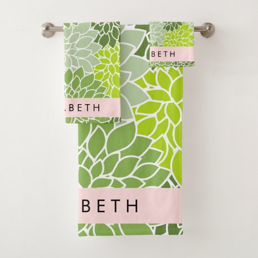 Grüne Dahlia-Blume, Blumenmuster, Ihr Name Badhandtuch Set (Insitu)