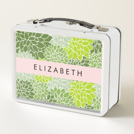 Grüne Dahlia-Blume, Blumenmuster, Ihr Name Metall Brotdose (Rückseite)