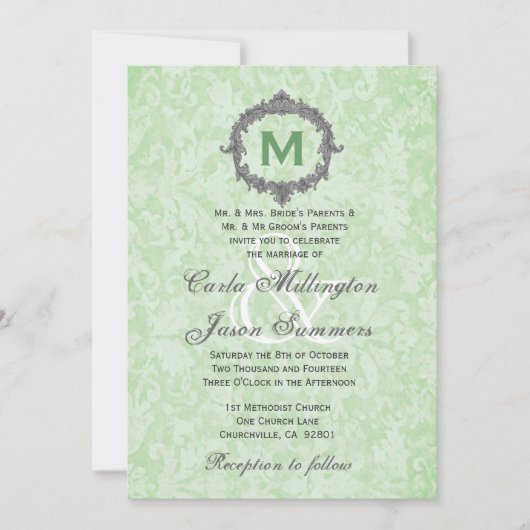 Grüne Damast Silver Vintage Frame Monogramm Hochze Einladung (Vorderseite)