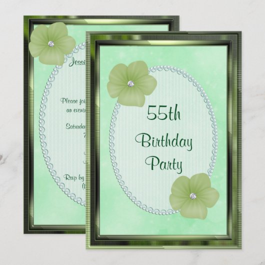 Grüne Diamant Blume & Perlen 55. Geburtstag Einladung (Vorne/Hinten)