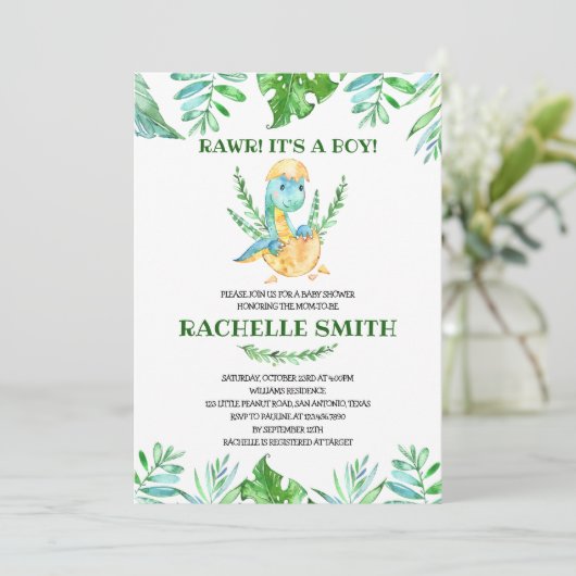 Grüne Dinosaur Kinderdusche Einladung (Stehend Vorderseite)