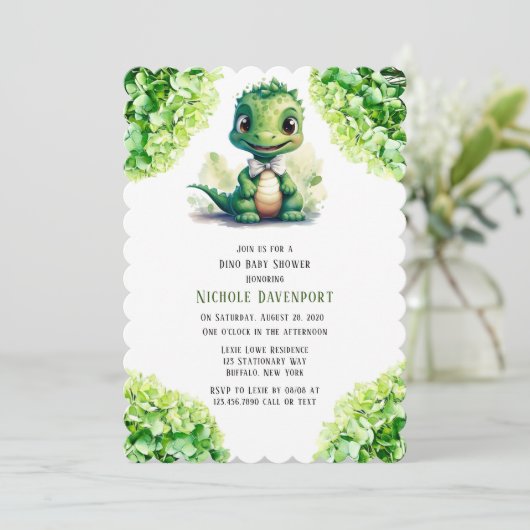 Grüne Dinosaurier Blumengeschlecht Neutrale Babydu Einladung (Stehend Vorderseite)