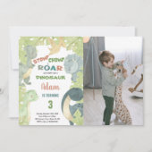 Grüne Dinosaurier Geburtstag Einladung mit Foto (Vorderseite)