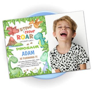 Grüne Dinosaurier Geburtstagseinladungen mit Foto Einladung