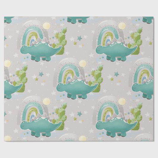 Grüne Dinosaurier und Regenbogen Babydusche Muster Geschenkpapier (Flach)