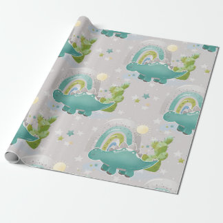 Grüne Dinosaurier und Regenbogen Babydusche Muster Geschenkpapier