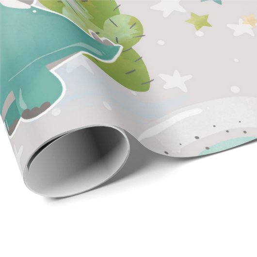 Grüne Dinosaurier und Regenbogen Babydusche Muster Geschenkpapier (Rolleneckpunkt)