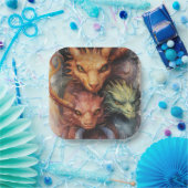 Grüne Drachen in Rot-Orange Pappteller (Party)