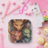 Grüne Drachen in Rot-Orange Pappteller (Party)