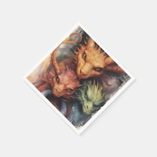 Grüne Drachen in Rot-Orange Serviette (Ecke)