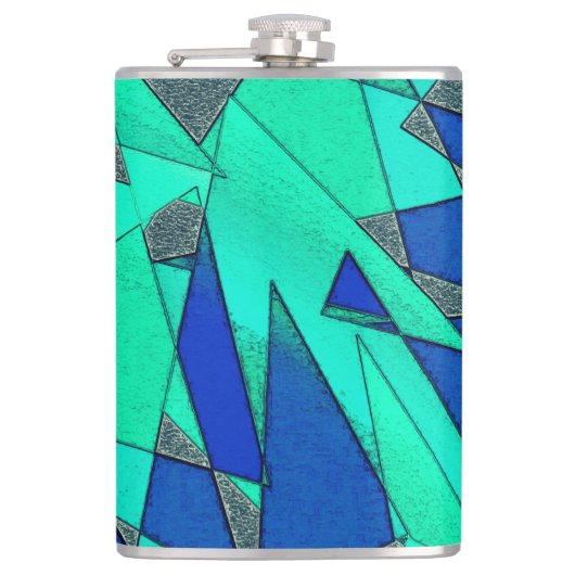 Grüne dreieckige Ausschnitte auf blauem Hintergrun Flachmann (Vorderseite)