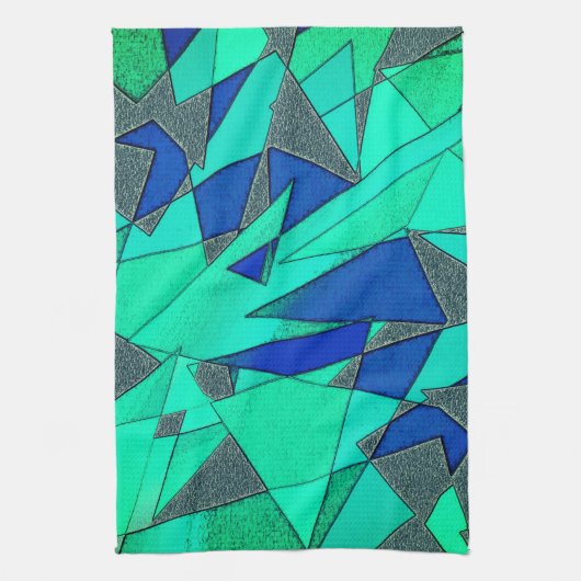 Grüne dreieckige Ausschnitte auf blauem Hintergrun Geschirrtuch (Vertikal)