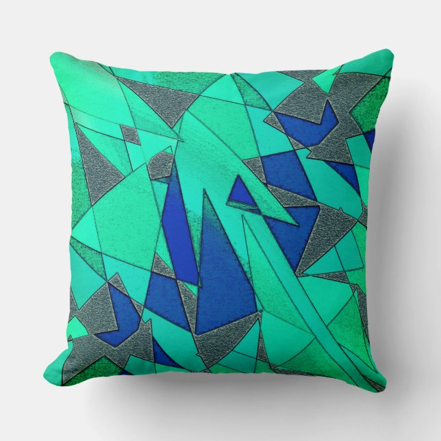 Grüne Dreiecksausschnitte mit rauen blauen Stücken Kissen (Vorderseite)