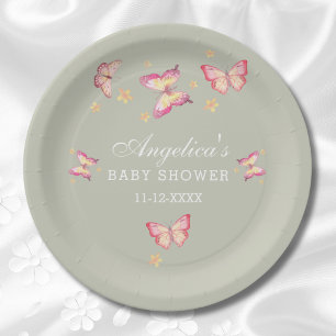 Grüne Dusty Pink Peach Butterfly Babydusche Pappteller