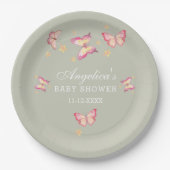 Grüne Dusty Pink Peach Butterfly Babydusche Pappteller (Vorderseite)