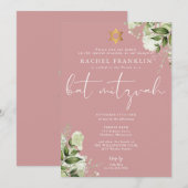 Grüne Dusty Rose Pink Monogramm Bat Mitzwa Einladung (Vorne/Hinten)