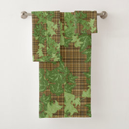 Grüne Efeu auf goldbraunem kariert Badhandtuch Set