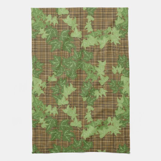 Grüne Efeu auf goldbraunem kariert Geschirrtuch (Vertikal)