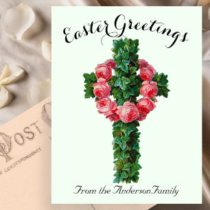 Grüne Efeu-Blumenkreuz-Vintage-Osterkarte religiös Postkarte