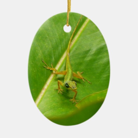 Grüne Eidechse auf grünem Blatt Keramik Ornament (Vorne)