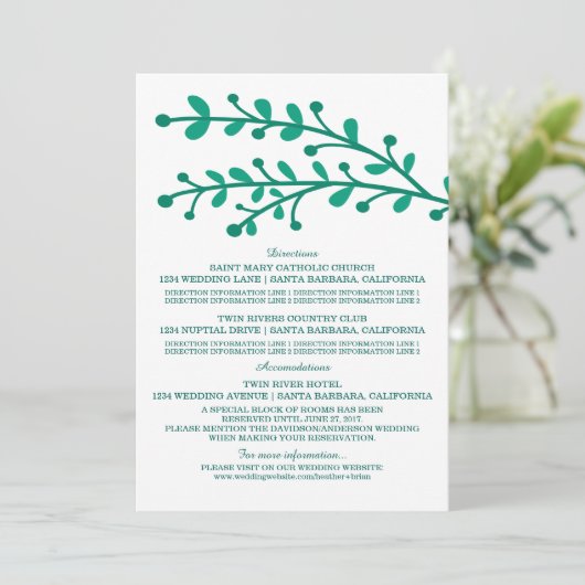 Grüne, einfache Hochzeitsinformationen Einladung (Stehend Vorderseite)