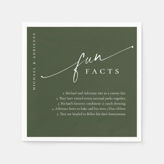 Grüne, einfache, moderne Script-Spaß-Fakten Hochze Serviette (Vorderseite)