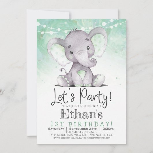 Grüne Elefant Geburtstagsparty Einladung (Vorderseite)