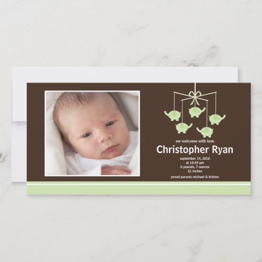 Grüne Elefanten Baby Boy Birth Annoucement Ankündigung (Vorderseite)