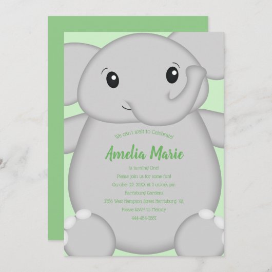 Grüne ElefantenGeburtstagspartei Einladung (Vorne/Hinten)